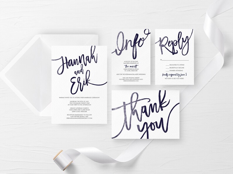 Printable Wedding Invitation Set, Simple Wedding Invitation, Navy Blue Watercolor Wedding Invitation image 1