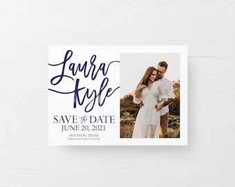 Printable Save the Date Cards, Rustic Save the Date, Navy Blue Save the Date with Photo, 5x7 Inch Modern Wedding Announcement Card
