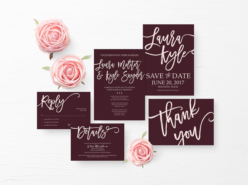 Burgundy Marsala Printable Wedding Invite Set Burgundy Marsala Wedding Invitation Suite Printable Invitation Custom Wedding Gillaspie Design