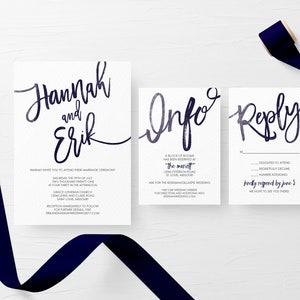 Printable Wedding Invitation Set, Simple Wedding Invitation, Navy Blue Watercolor Wedding Invitation image 3