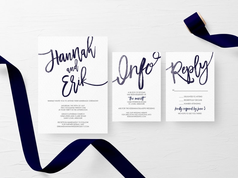 Printable Wedding Invitation Set, Simple Wedding Invitation, Navy Blue Watercolor Wedding Invitation image 3