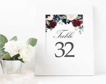 Rustic Wedding Table Numbers, Navy Blue Floral Printable Wedding Table Numbers, 5x7 and 4x6 Inch Table Number Cards,