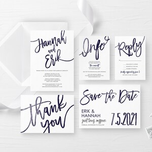 Printable Wedding Invitation Set, Simple Wedding Invitation, Navy Blue Watercolor Wedding Invitation image 8