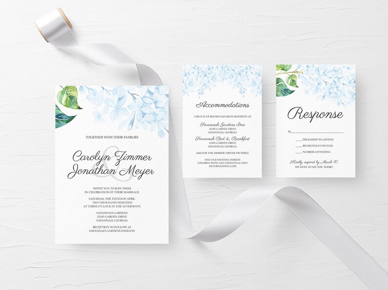 Printable Wedding Invitation, Floral Wedding Invitation, Hydrangea Wedding Invitation, Pastel Blue Wedding Invite, Hydrangea Invitation image 8