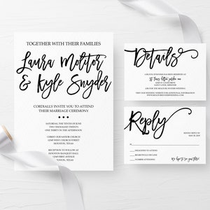Invitación de boda imprimible en blanco y negro, Suite de invitación de boda simple, invitaciones de boda personalizadas,