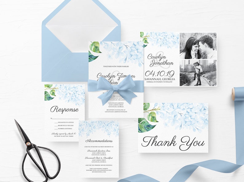 Printable Wedding Invitation, Floral Wedding Invitation, Hydrangea Wedding Invitation, Pastel Blue Wedding Invite, Hydrangea Invitation image 1