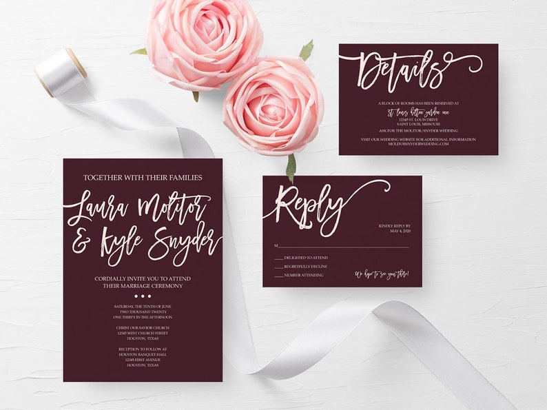 Burgundy Marsala Printable Wedding Invite Set Burgundy Marsala Wedding Invitation Suite Printable Invitation Custom Wedding Gillaspie Design