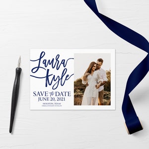 Rustikale Save the Date Karten, Druckbare Save the Date Karten, Navy Blue Save the Date mit Foto, 5x7 Zoll Moderne Hochzeit Ankündigungskarte