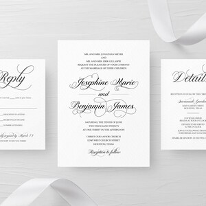 Invitación de boda elegante imprimible, conjunto de invitación de boda simple, invitaciones de boda en blanco y negro, invitación de boda tradicional