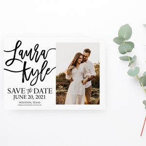 Rustikale Save the Date Karten, Druckbare Save the Date Karten, Schwarz-Weiß Save the Date mit Foto, 15x7 Zoll Moderne Hochzeit Ankündigungskarte