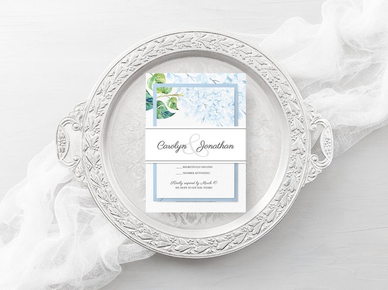 Printable Wedding Invitation, Floral Wedding Invitation, Hydrangea Wedding Invitation, Pastel Blue Wedding Invite, Hydrangea Invitation image 4