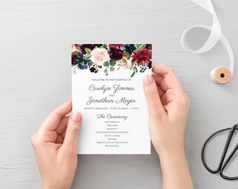 Burgundy and Marsala Wedding Programs, Rustic Floral Order of Service, Printable Wedding Program, 5x7 or 4x9 Inch Wedding Ceremony Program