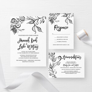 Black and White Printable Wedding Invitation, Wedding Invitation Set ...