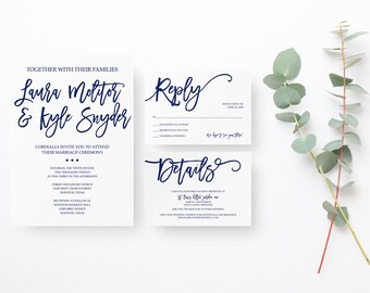 Navy Wedding Invitation Suite, Simple Wedding Invitation Suite, Navy Wedding Invite, Printable Wedding Invite Suite, Navy Save the Date