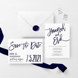 Printable Wedding Invitation Set, Simple Wedding Invitation, Navy Blue Watercolor Wedding Invitation image 4