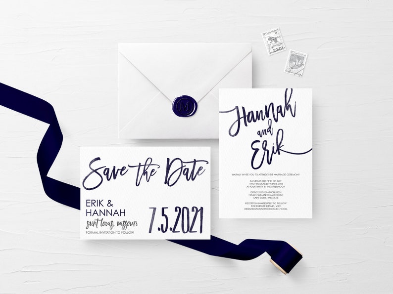 Printable Wedding Invitation Set, Simple Wedding Invitation, Navy Blue Watercolor Wedding Invitation image 4