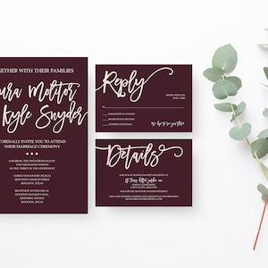 Burgundy Wedding Invitation Suite, Customized Marsala Wedding Invitation Set, Traditional Wedding Invitation Printable Files