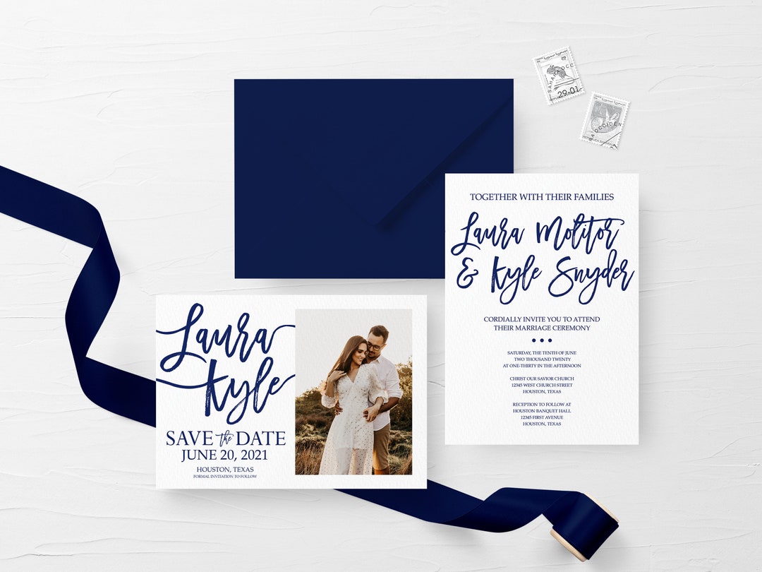 Printable Navy Blue Wedding Invitation Set, Wedding Save the Dates ...