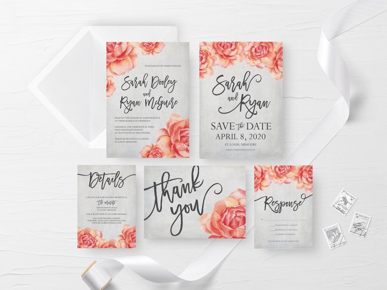 Peach Wedding Invite Printable Floral Wedding Invitation Etsy
