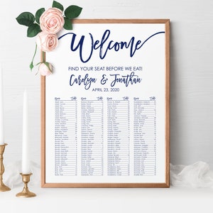 Carta de asientos de boda azul marino alfabética, letrero de asientos, tabla rústica de asientos para boda imprimible, carta de asientos de la marina