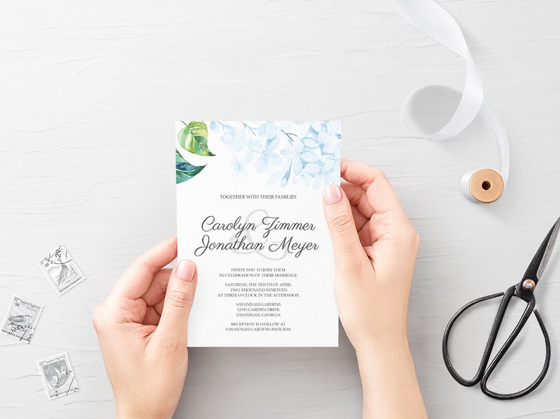 Printable Wedding Invitation, Floral Wedding Invitation, Hydrangea Wedding Invitation, Pastel Blue Wedding Invite, Hydrangea Invitation image 6