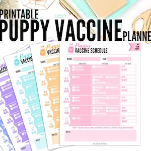 May include: Printable puppy vaccine planner with a pink, orange, and blue color scheme. The planner includes sections for core shots, optional shots, and vet visit information. The text "Puppy Vaccine Schedule" is at the top of the planner.