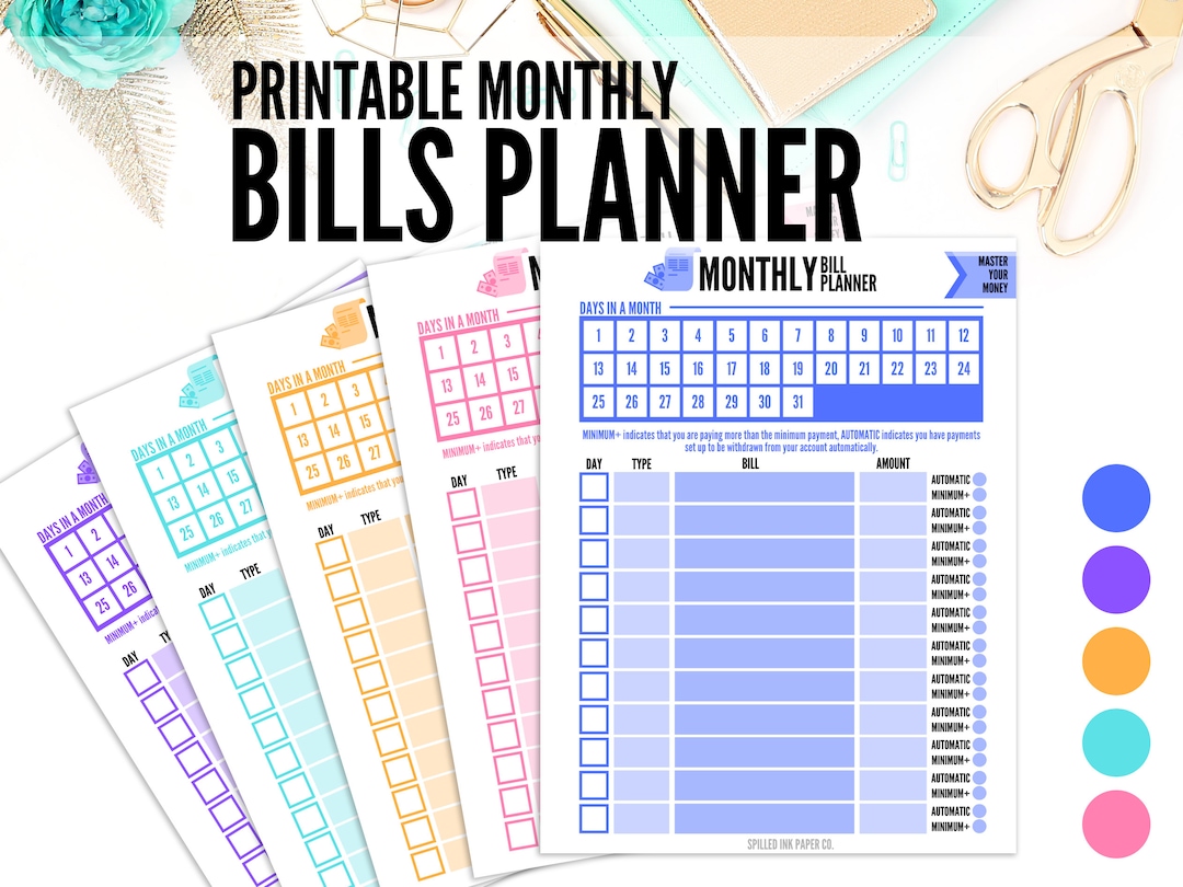 Monthly Bills Planner | Printable Bills Tracker | Monthly Dates ...