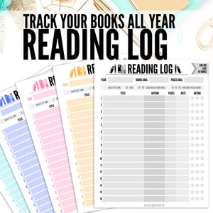 May include: A printable reading log with a colorful stack of books graphic. The log has columns for year, waste of time, title, author, pages, date, and rating. The log is designed to track books read throughout the year.
