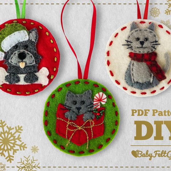 Christmas Pets ornaments, Felt Christmas Ornament Pattern, pdf pattern, Pets pattern, felt ornaments, dog, kittens, DIY felt pattern,