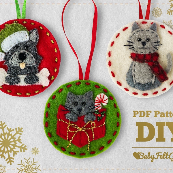 Modelli natalizi, decorazioni in feltro Animali domestici, cani, gatti, download digitale PDF istantaneo, modelli, decorazioni natalizie