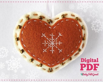 Felt Christmas Heart pattern, Felt Christmas ornaments, felt ornaments pattern, DIY felt heart pattern, PDF patterns, felt craft