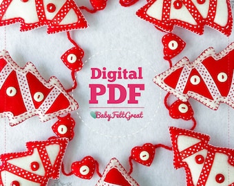 May include: A digital PDF pattern for a felt Christmas tree garland. The garland is made of red and white felt trees with white polka dots and white ribbon. The trees are connected by red yarn and have white buttons for eyes.