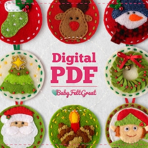 Weihnachtsmuster PDF DIY Filzornamente Komplettes rotes Set, Weihnachtsbaum Weihnachtsmann Rentier Frostige Kerze Strumpfkranz Elfe, Digitaler Download
