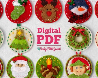 Puede incluir: Un conjunto de 10 patrones de adornos navideños de fieltro, que incluyen una media, un reno, un muñeco de nieve, un árbol de Navidad, una corona, Papá Noel, un elfo y una vela. Los patrones están en formato PDF digital y están disponibles para descargar. El texto "Digital PDF" y "BabyFeltGreat" se muestra en la imagen.