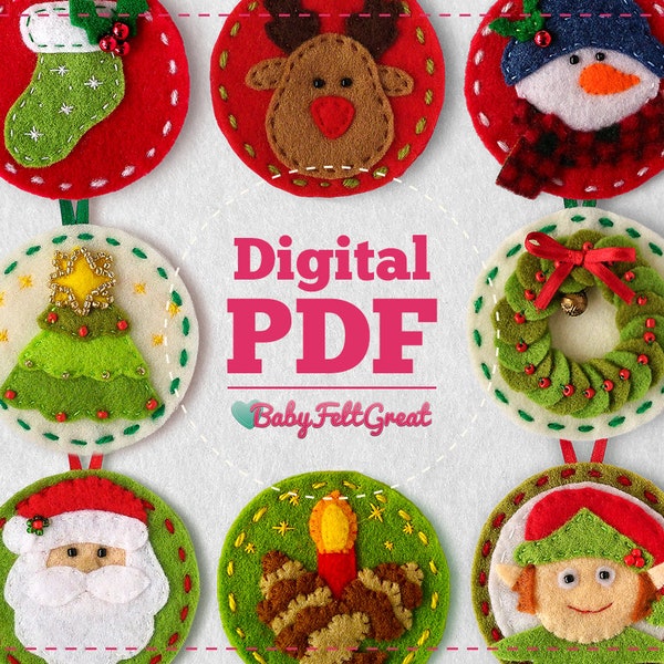 Navidad Patrones PDF DIY adornos fieltro Set rojo completo, Árbol de Navidad Santa Reno Frosty Vela Media Corona elfo, descarga digital