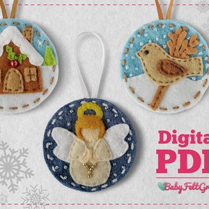 Felt Christmas ornaments pattern, Blue Felt Christmas ornaments Set 2, House, Bird, Angel, DIY, PDF, Felt Christmas ornaments, felt craft