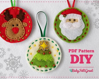 Felt christmas ornaments pattern , traditional christmas decoration, Christmas Tree, Santa Claus, Reindeer, DIY, instant download PDF
