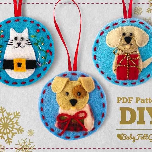 Christmas Pets ornaments pattern, felt Christmas ornaments patterns, Blue Felt Christmas Ornaments, PDF pattern, felt cat ornaments