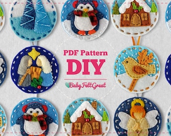 Felt Christmas ornaments, Felt christmas ornaments pattern, set 6 Blue Felt Christmas ornaments, Nativity, Penguin, House, Angel,DIY, PDF
