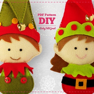Felt Christmas ornaments, Felt Elves dolls pattern, Christmas decoration, Felt Christmas ornaments pattern, couple of Christmas elves,