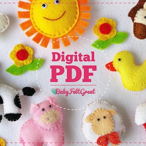 Baby mobile pattern, Felt Farm animals pattern, digital PDF, felt animals pattern, DIY, Sun, Sheep, Cow, Duck, Pig, Horse, Flower, House,