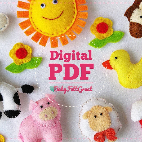 Modelli PDF digitali Ornamenti in feltro fai da te, Set Baby Farm, Sole, Pecora, Mucca, Anatra, Maiale, Cavallo, Fiore, Nuvola, Casa, download immediato