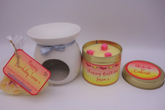 Personalised Christmas/Birthday gift/present Rhubarb & Custard Scented Candle Package Gift Set