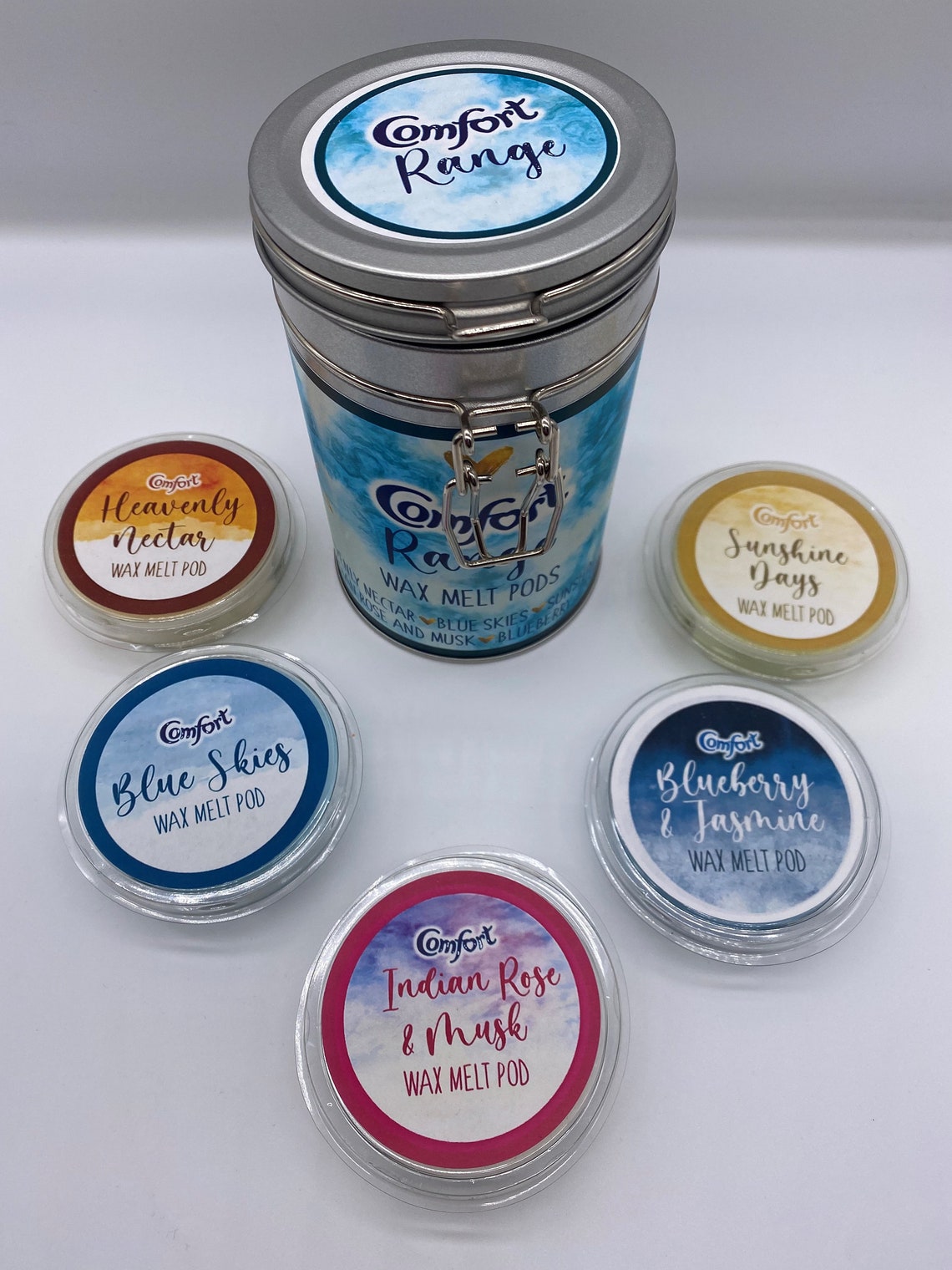 Highly scented comfort inspired wax melt pods and storage tin  etsy