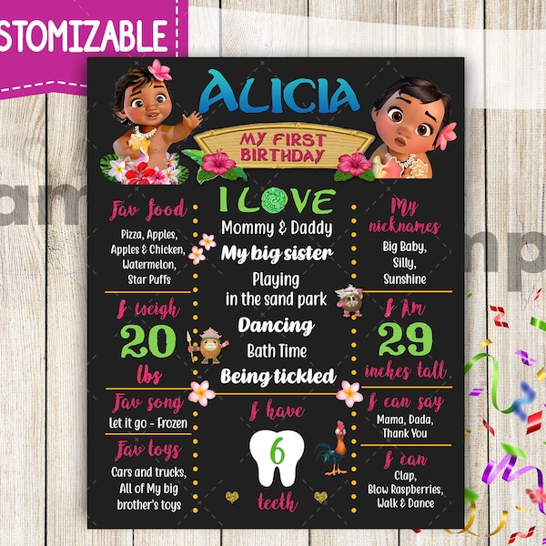 Printable Baby Moana Birthday Chalkboard Sign Poster, b-day banner, Birthday Poster board Baby Moana Board