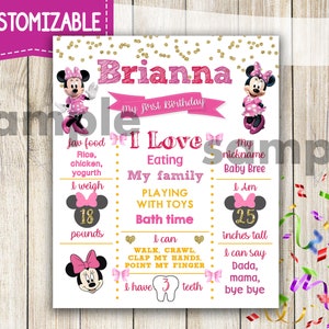 Minnie Mouse First Birthday chalkboard sign poster, Any Age banner, chalk board Minnie pink gold, Minnie Mouse Birthday Sign