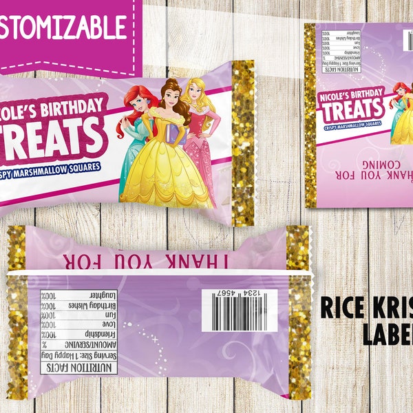 Princess 2 Rice Krispies Treats Labels Digital Printable, Princess Rice Krispies Treat Label, Princess Wrapper, Princess Party Supplies