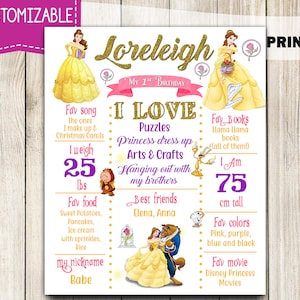 Beauty and the Beast Birthday Poster, Princess Belle, Printable Princess Birthday Chalkboard Sign poster - Any Age