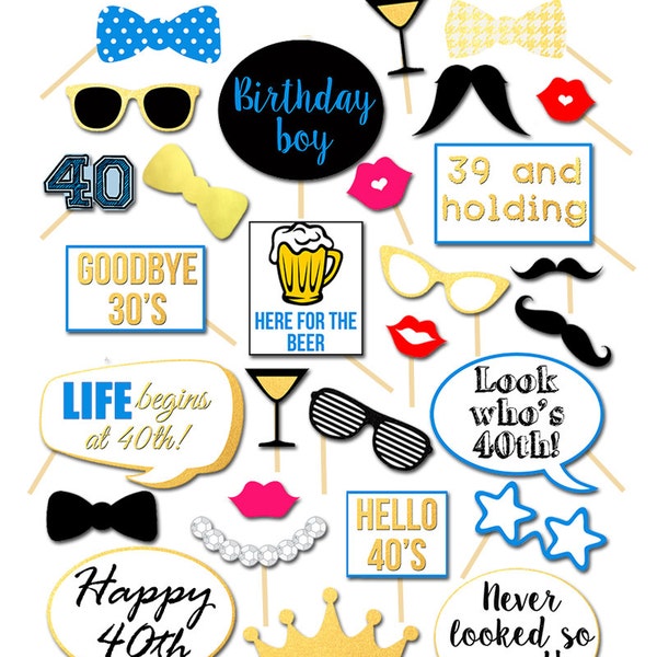 40th Birthday Party Photobooth Props, 40th Birthday Party photo booth props, Printable, Happy 40th Birthday, Decoration, Forty and Fabulous