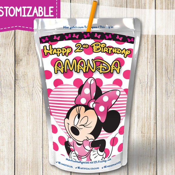 Minnie Mouse Capri Sun Label, Minnie Mouse Clubhouse Juice Pouch Labels, Minnie Mouse Custom Capri Sun Label, Pink